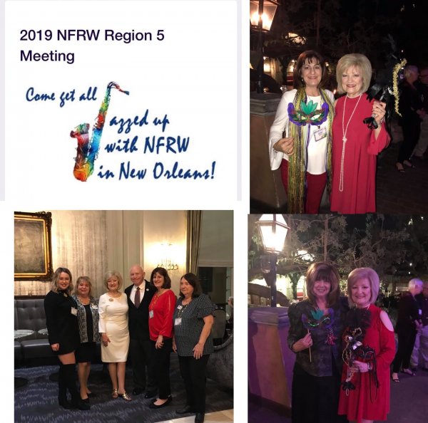 Title: 2019 NFRW Region 4 Meeting
Club: River Region RW
Description: River Region members attend NFRW Region 4 Meeting: Top Right:Sherry Willmott and Gena Gore -- Bottom Right: Rose Marie Meehan (Pres. Algiers RW) and Gena Gore -- Bottom Left: with Gena Gore (Pres. LFRW) and Louis Gurvich (Chairman LAGOP)
