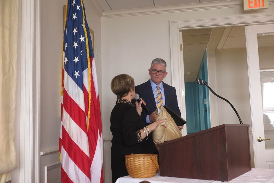 February 2021 RWSWLA Lunch Meeting - 
Mary Sister Fontenot presenting Rep. Brett Geymann with Plaque and pillow from One Touch whom we support monthly with $300. It pays to provide pillows to our servicemen and women who are deployed and are not issued them. We are donating the money in Brett’s name this month!