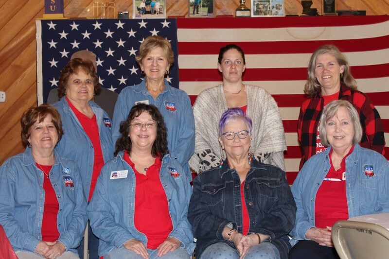 Republican women working the Clay Shoot. Front row: Freddye Smith, Julie Robinson, Sybil Wallendal, and Candy Bergeron. Back row: Betty Burgess, Pat Pope, Katharine Bridges and Jeannie Achord.