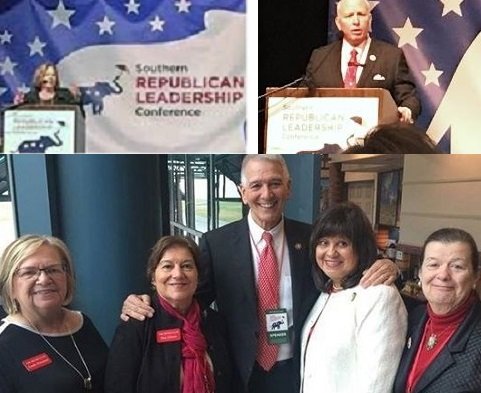 Title: 2019: The Southern Republican Leadership Conference (SRLC)
Club: Metropolitan RW
Description: Metro Club volunteers included Nan Cornfield and Linda Vinsanau. U.S. Congressman Steve Scalise and LAGOP Chairman Louis Gurvich spoke at the opening ceremony. TOP LEFT: NFRW President, Jody Rushton; TOP RIGHT: LAGOP Chairman, Luis Gurvich; BOTTOM PICTURED LEFT TO RIGHT: Linda Visanau; Pam Clower; Congressman Ralph Abraham and his wife Dianne: and Suzi Labry
